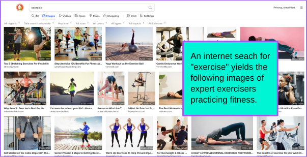 screenshot of the results of an internet image search for "exercise". several thumbnails feature fit people exercising and posing